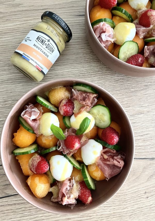 Salade melon, mozzarella & moutarde au miel